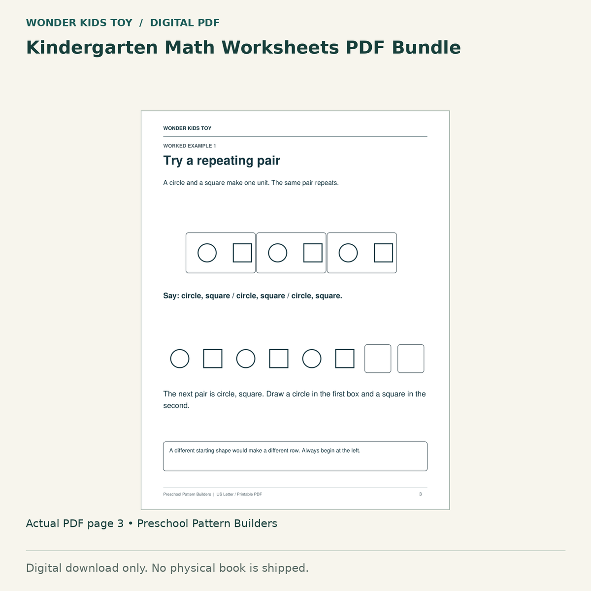 Kindergarten Math Worksheets PDF Bundle: actual page 3 from Preschool Pattern Builders. Digital only; no physical book.