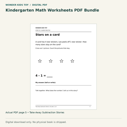Kindergarten Math Worksheets PDF Bundle: actual page 5 from Take-Away Subtraction Stories. Digital only; no physical book.
