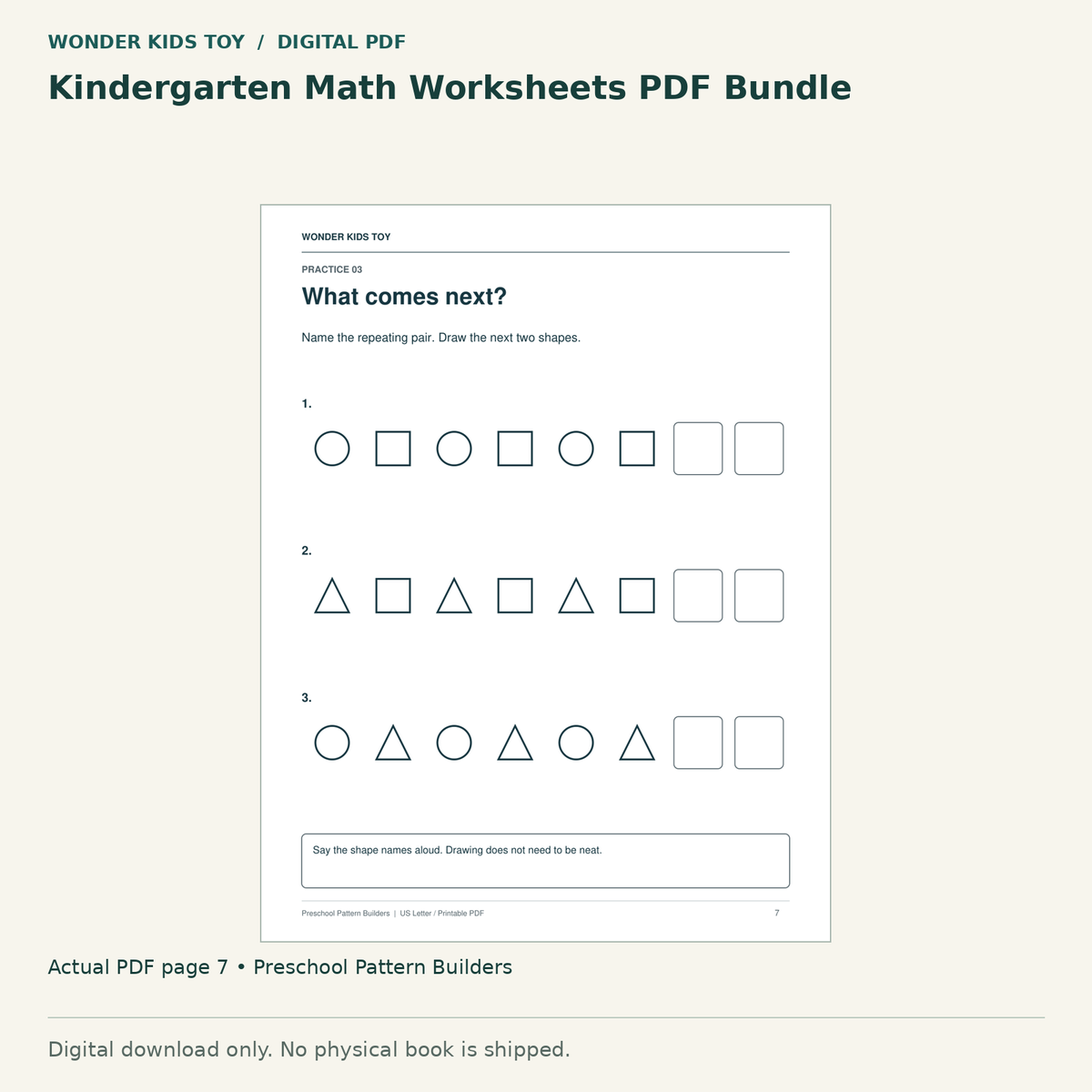 Kindergarten Math Worksheets PDF Bundle: actual page 7 from Preschool Pattern Builders. Digital only; no physical book.