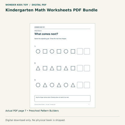 Kindergarten Math Worksheets PDF Bundle: actual page 7 from Preschool Pattern Builders. Digital only; no physical book.