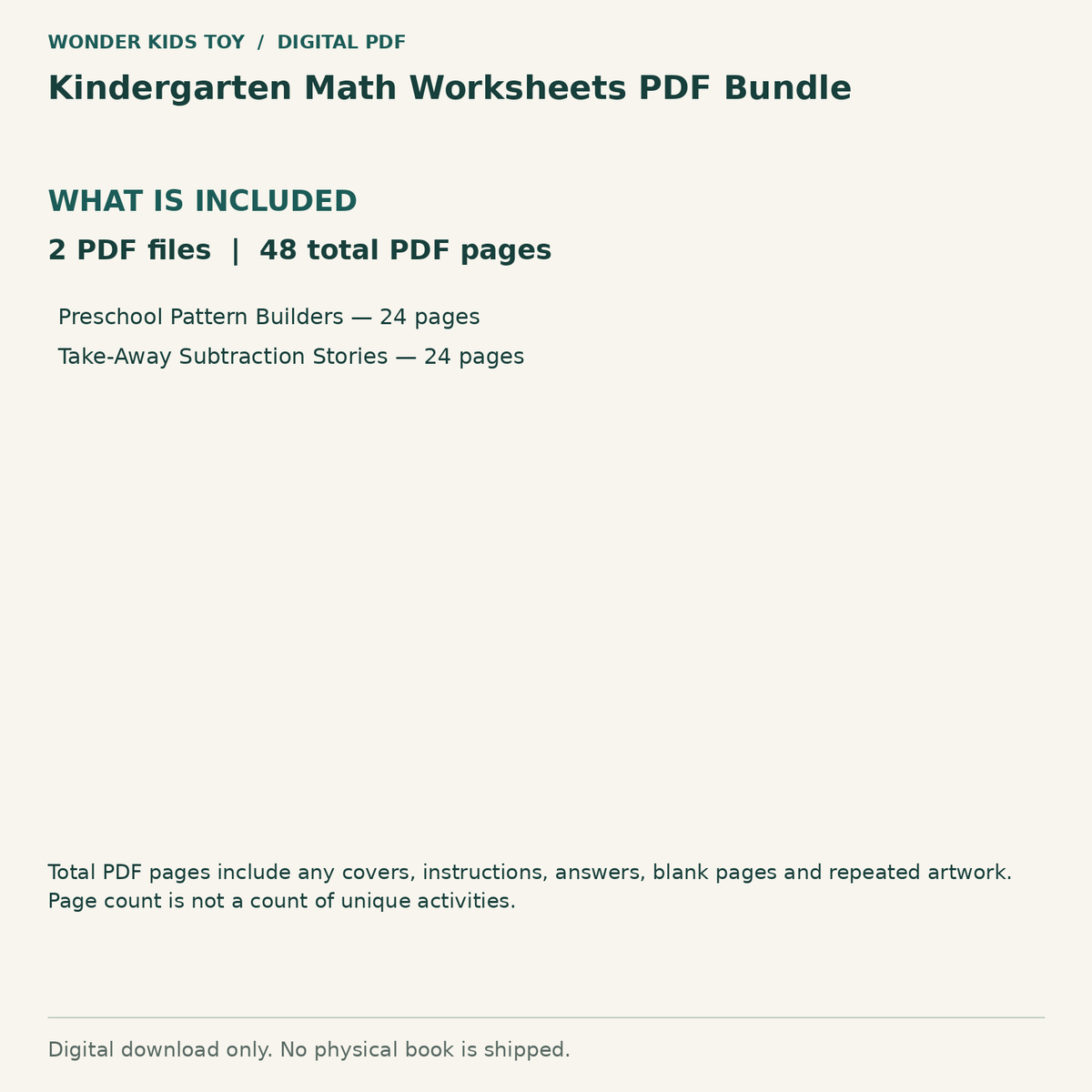 Kindergarten Math Worksheets PDF Bundle: Contents: 2 PDF files, 48 total PDF pages. Digital only; no physical book.