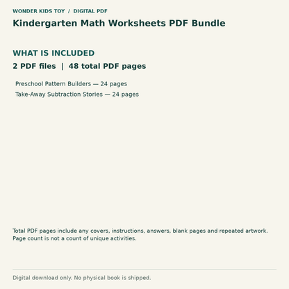 Kindergarten Math Worksheets PDF Bundle: Contents: 2 PDF files, 48 total PDF pages. Digital only; no physical book.