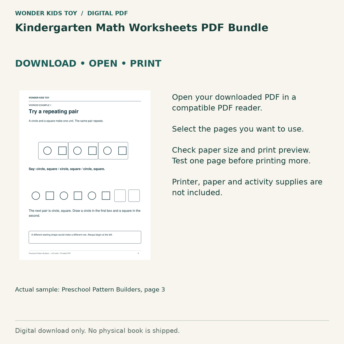Kindergarten Math Worksheets PDF Bundle: Download, open and print guidance with an actual PDF page preview. Digital only; no physical book.