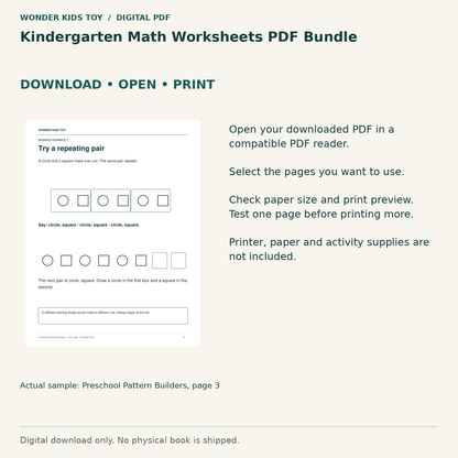 Kindergarten Math Worksheets PDF Bundle: Download, open and print guidance with an actual PDF page preview. Digital only; no physical book.