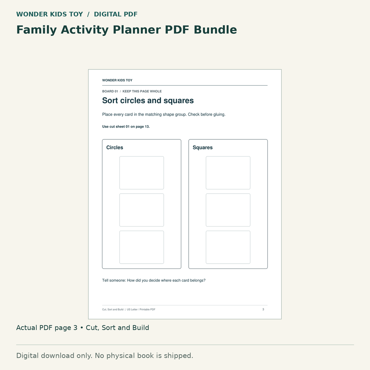 Family Activity Planner PDF Bundle: actual page 3 from Cut, Sort and Build. Digital only; no physical book.