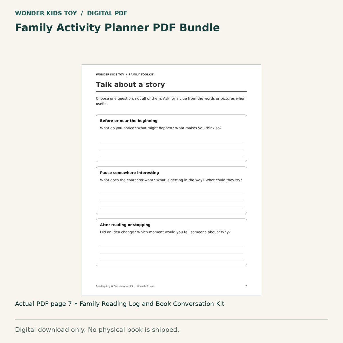 Family Activity Planner PDF Bundle: actual page 7 from Family Reading Log and Book Conversation Kit. Digital only; no physical book.