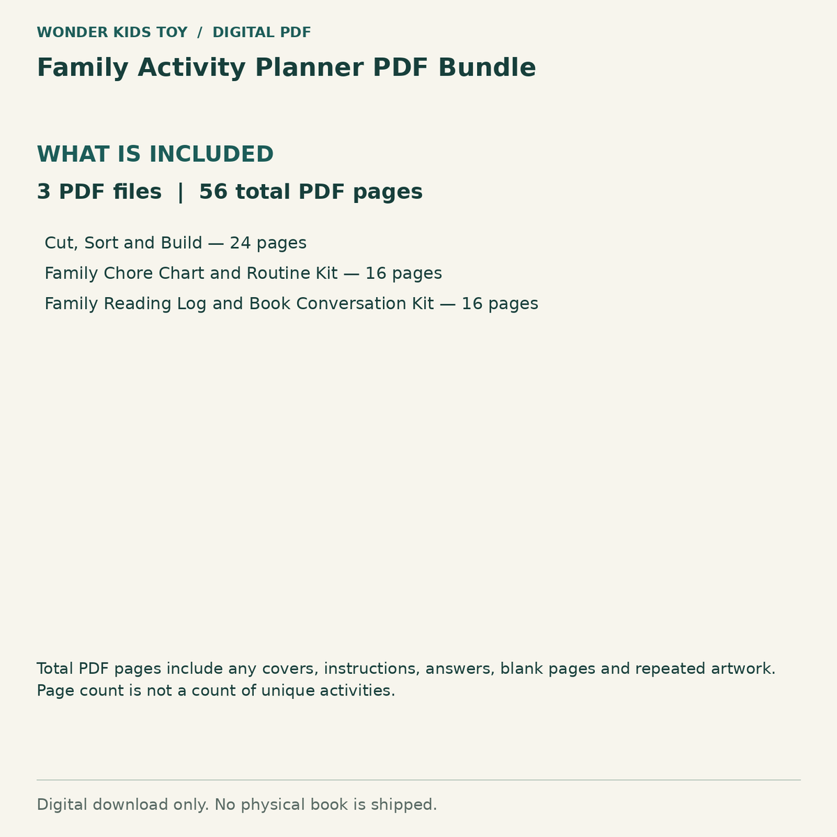 Family Activity Planner PDF Bundle: Contents: 3 PDF files, 56 total PDF pages. Digital only; no physical book.