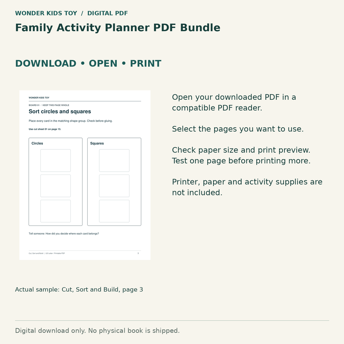 Family Activity Planner PDF Bundle: Download, open and print guidance with an actual PDF page preview. Digital only; no physical book.