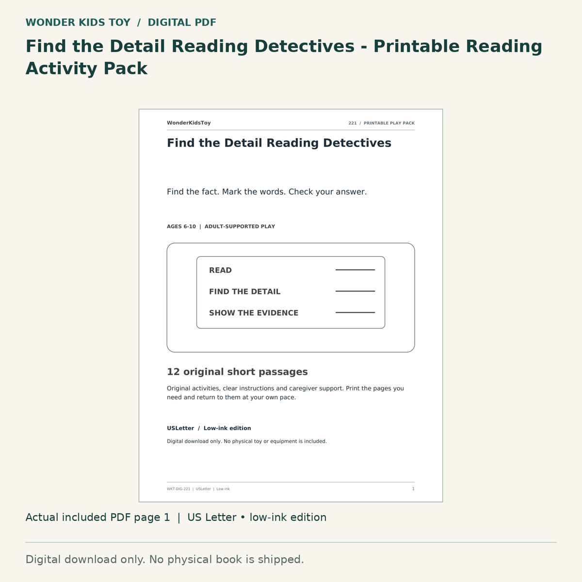 Find the Detail Reading Detectives - Printable Reading Activity Pack: actual included PDF page 1, US Letter low-ink edition. Digital download; no physical book.