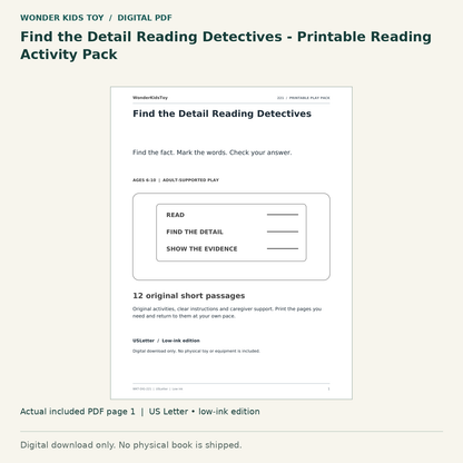 Find the Detail Reading Detectives - Printable Reading Activity Pack: actual included PDF page 1, US Letter low-ink edition. Digital download; no physical book.