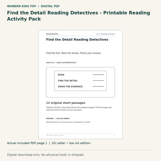 Find the Detail Reading Detectives - Printable Reading Activity Pack: actual included PDF page 1, US Letter low-ink edition. Digital download; no physical book.
