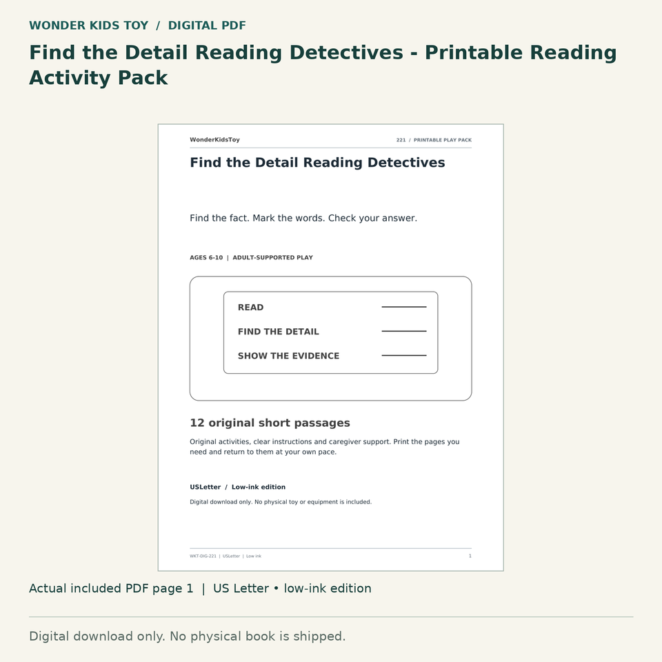 Find the Detail Reading Detectives - Printable Reading Activity Pack: actual included PDF page 1, US Letter low-ink edition. Digital download; no physical book.
