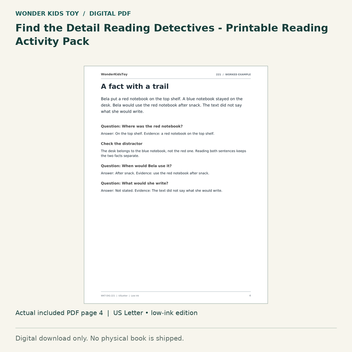 Find the Detail Reading Detectives - Printable Reading Activity Pack: actual included PDF page 4, US Letter low-ink edition. Digital download; no physical book.