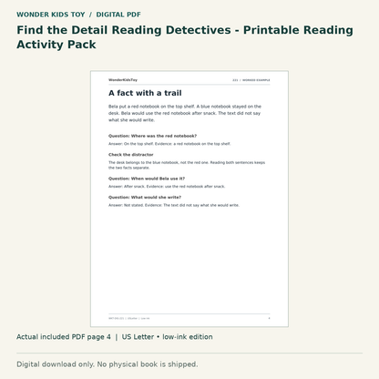 Find the Detail Reading Detectives - Printable Reading Activity Pack: actual included PDF page 4, US Letter low-ink edition. Digital download; no physical book.