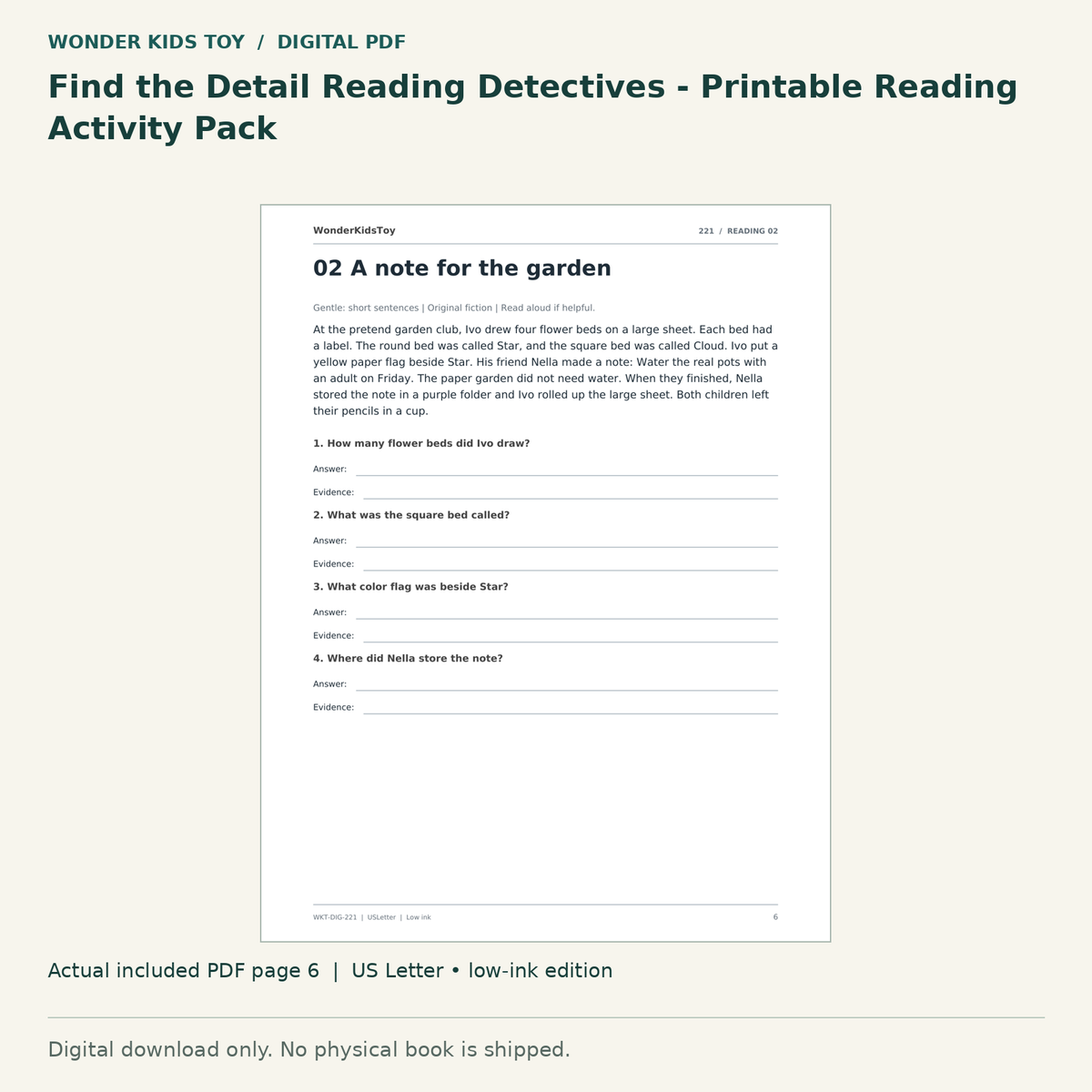 Find the Detail Reading Detectives - Printable Reading Activity Pack: actual included PDF page 6, US Letter low-ink edition. Digital download; no physical book.