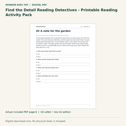 Find the Detail Reading Detectives - Printable Reading Activity Pack: actual included PDF page 6, US Letter low-ink edition. Digital download; no physical book.