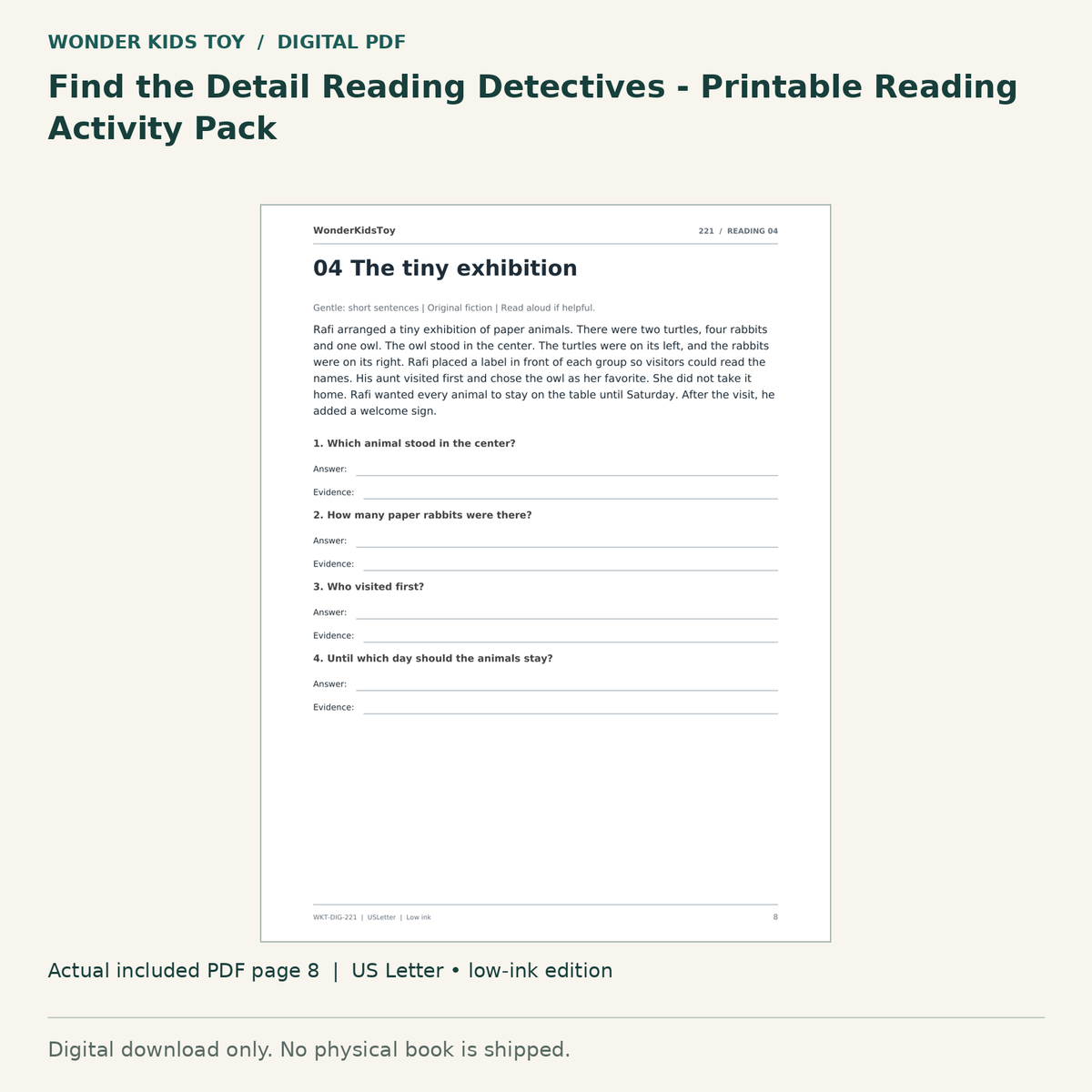 Find the Detail Reading Detectives - Printable Reading Activity Pack: actual included PDF page 8, US Letter low-ink edition. Digital download; no physical book.