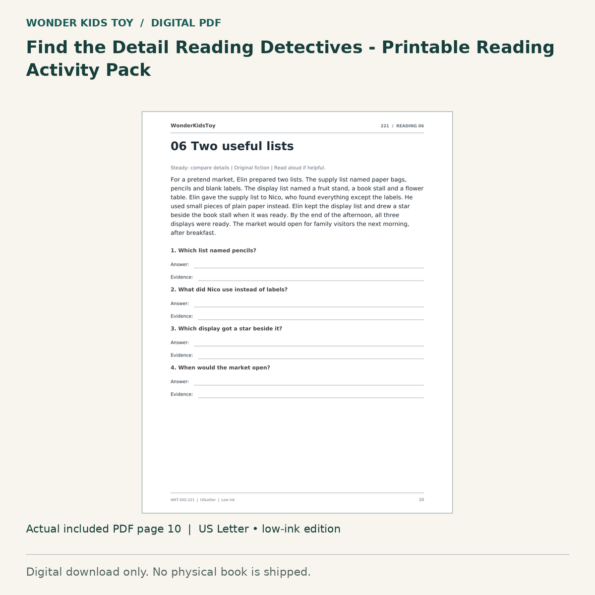 Find the Detail Reading Detectives - Printable Reading Activity Pack: actual included PDF page 10, US Letter low-ink edition. Digital download; no physical book.