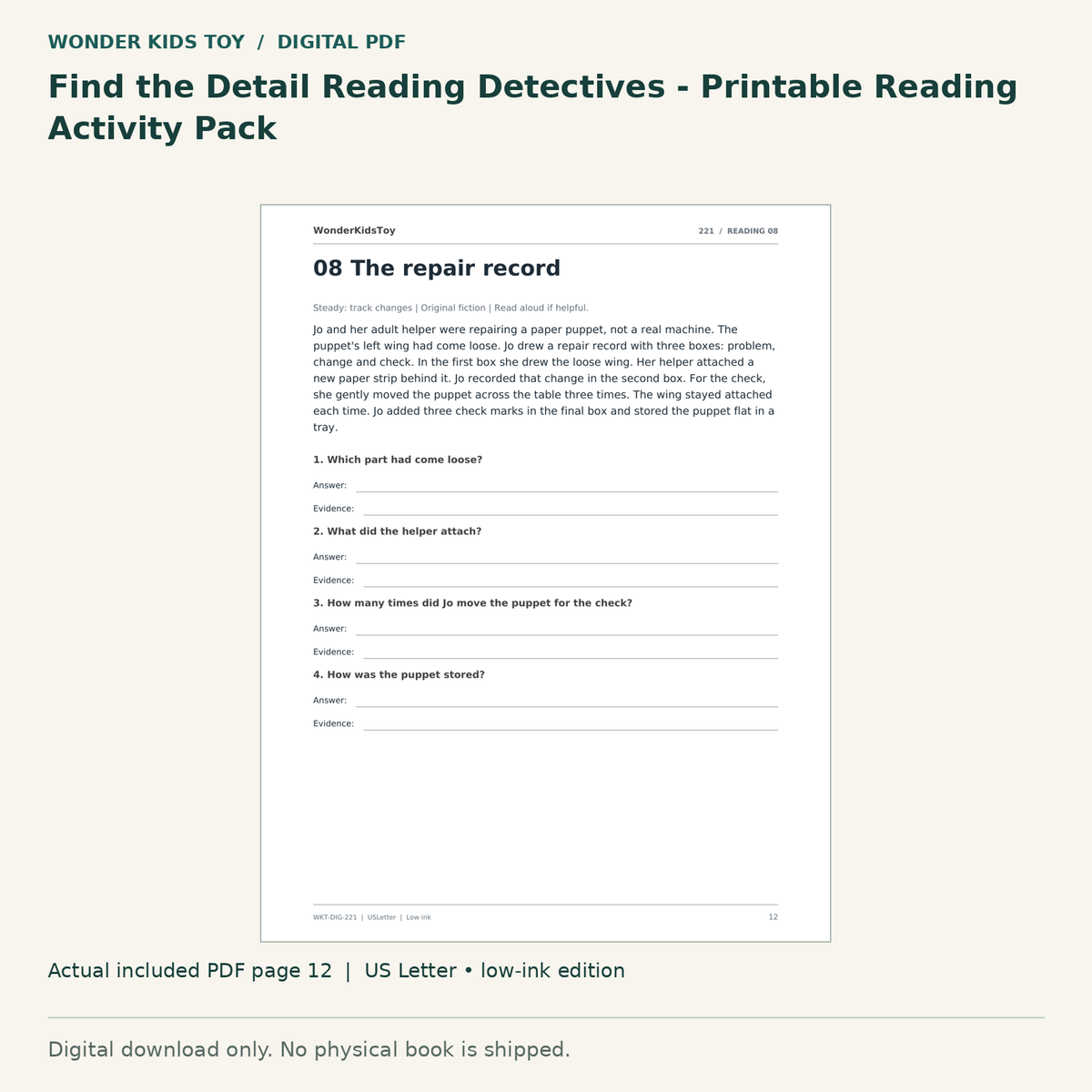 Find the Detail Reading Detectives - Printable Reading Activity Pack: actual included PDF page 12, US Letter low-ink edition. Digital download; no physical book.