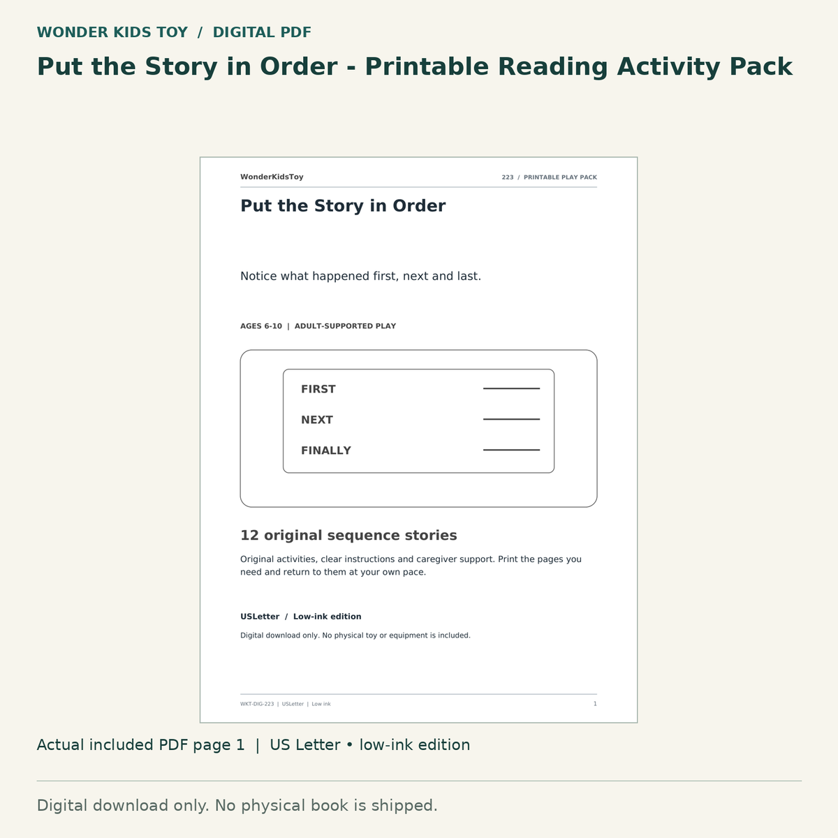 Put the Story in Order - Printable Reading Activity Pack: actual included PDF page 1, US Letter low-ink edition. Digital download; no physical book.