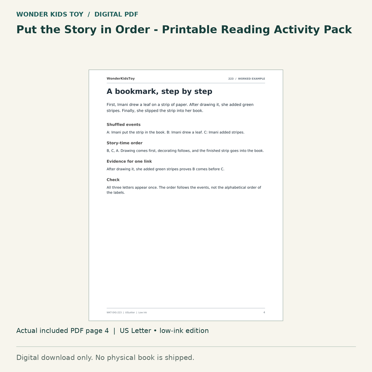 Put the Story in Order - Printable Reading Activity Pack: actual included PDF page 4, US Letter low-ink edition. Digital download; no physical book.
