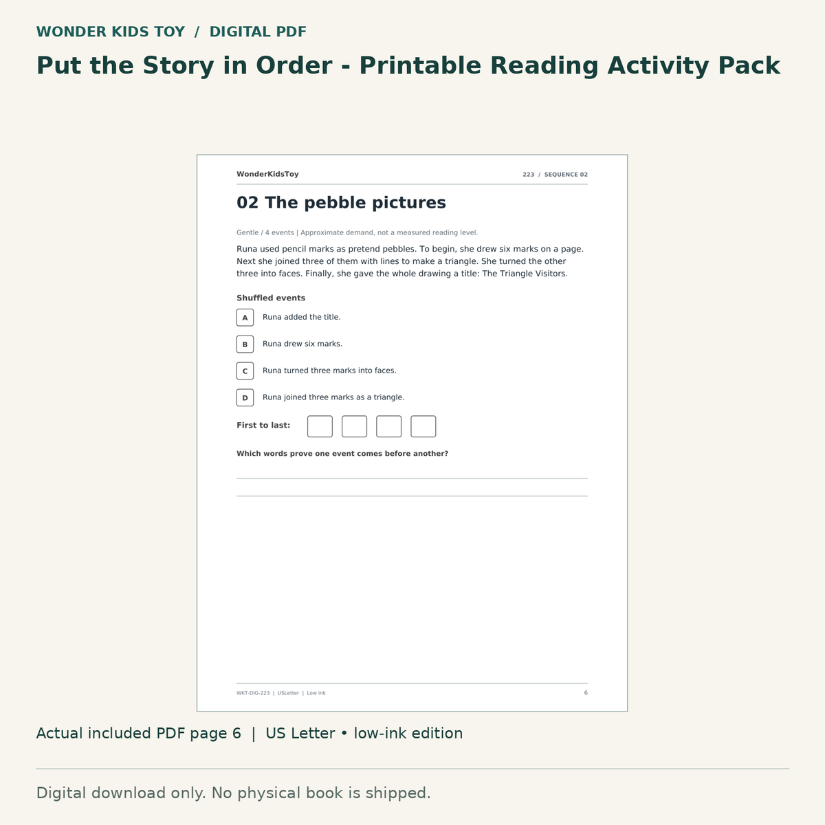 Put the Story in Order - Printable Reading Activity Pack: actual included PDF page 6, US Letter low-ink edition. Digital download; no physical book.