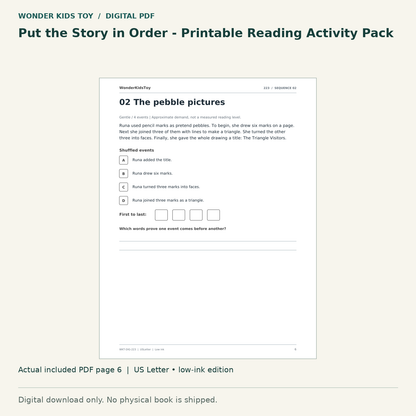 Put the Story in Order - Printable Reading Activity Pack: actual included PDF page 6, US Letter low-ink edition. Digital download; no physical book.