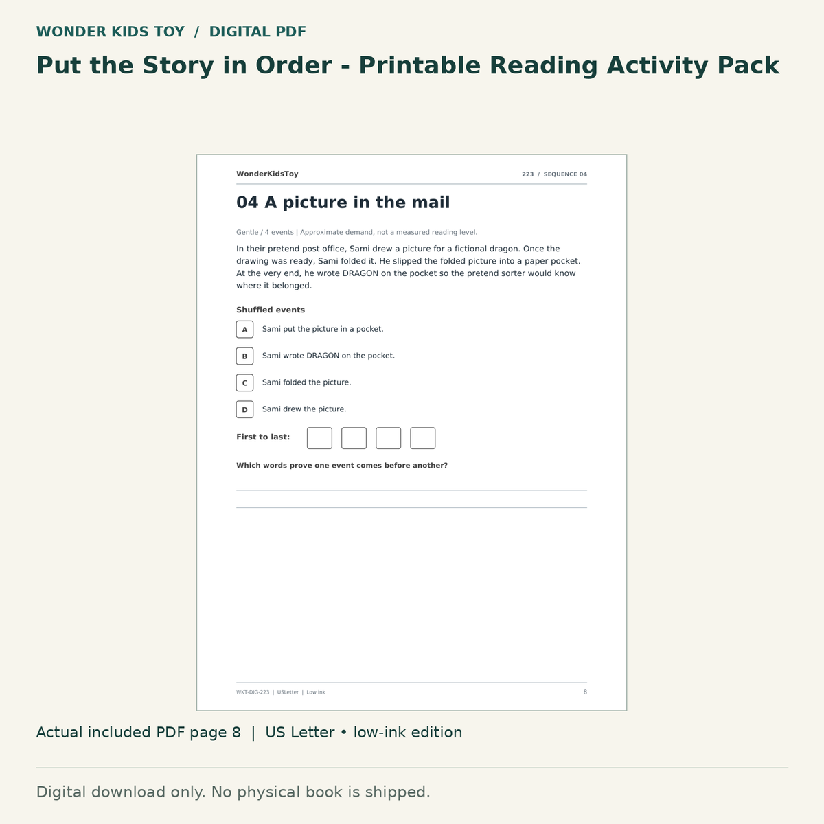 Put the Story in Order - Printable Reading Activity Pack: actual included PDF page 8, US Letter low-ink edition. Digital download; no physical book.