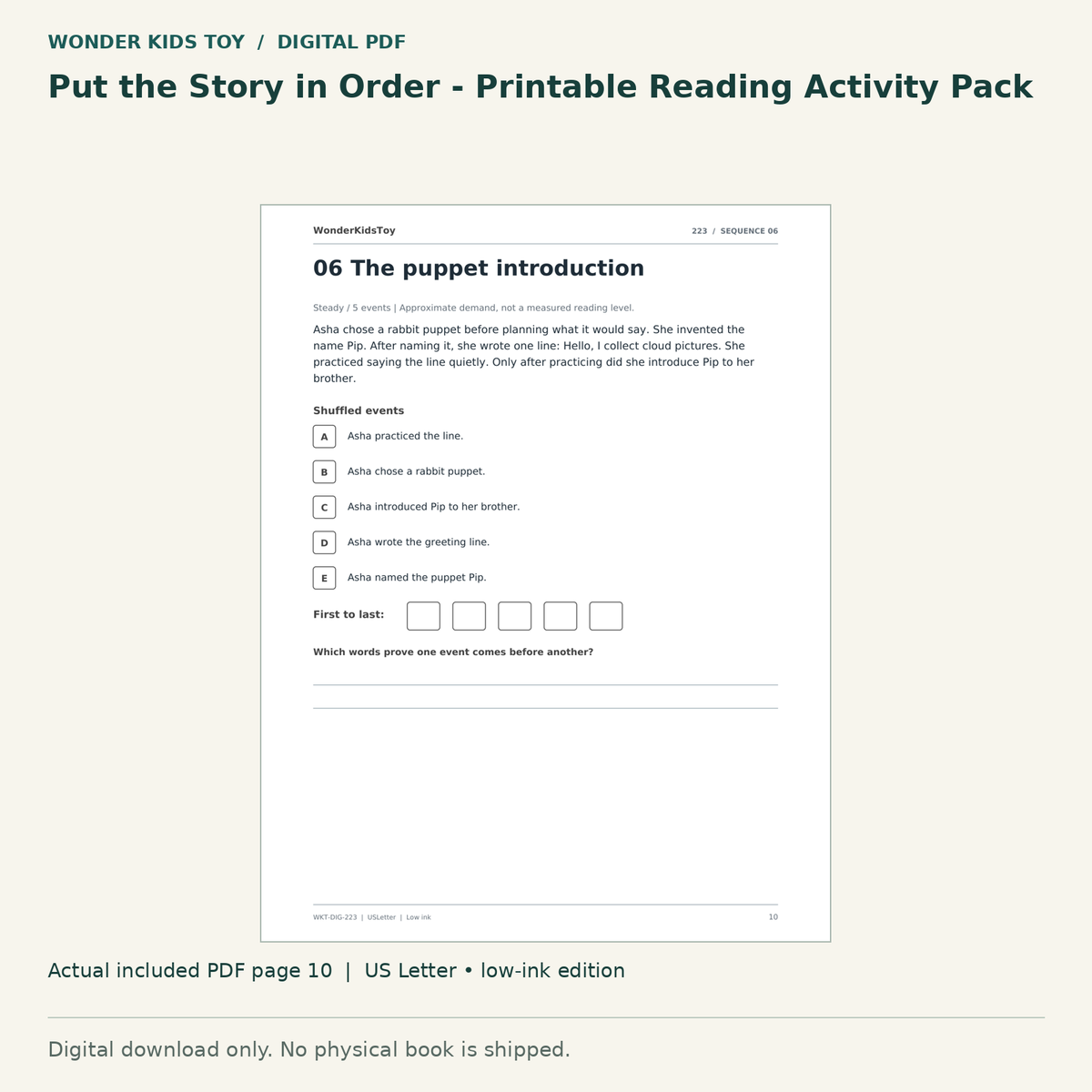 Put the Story in Order - Printable Reading Activity Pack: actual included PDF page 10, US Letter low-ink edition. Digital download; no physical book.