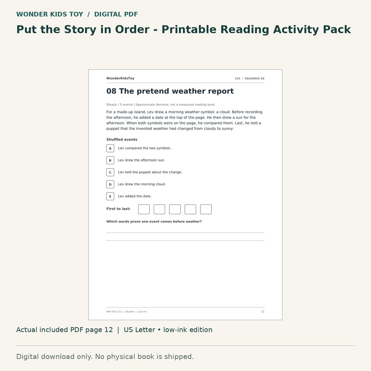 Put the Story in Order - Printable Reading Activity Pack: actual included PDF page 12, US Letter low-ink edition. Digital download; no physical book.
