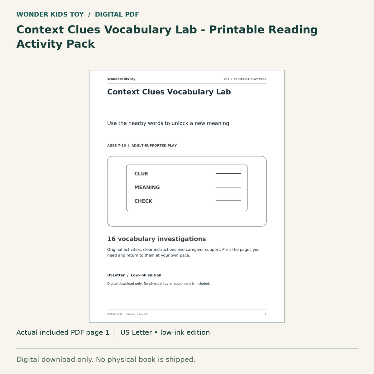Context Clues Vocabulary Lab - Printable Reading Activity Pack: actual included PDF page 1, US Letter low-ink edition. Digital download; no physical book.