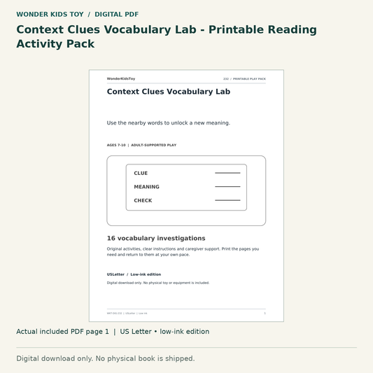 Context Clues Vocabulary Lab - Printable Reading Activity Pack: actual included PDF page 1, US Letter low-ink edition. Digital download; no physical book.