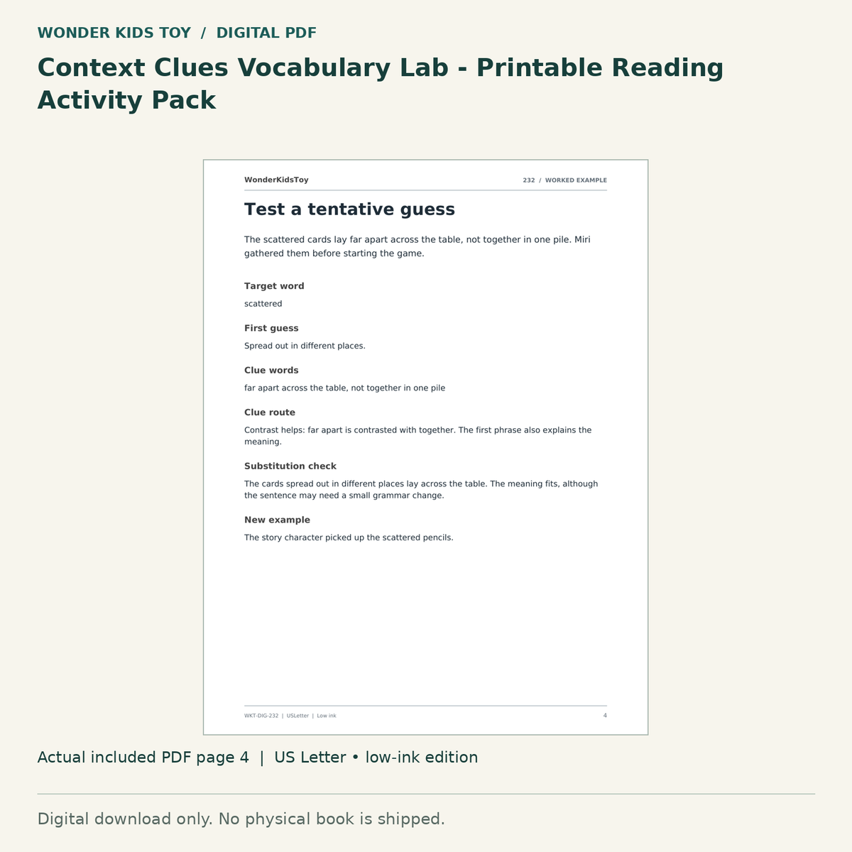Context Clues Vocabulary Lab - Printable Reading Activity Pack: actual included PDF page 4, US Letter low-ink edition. Digital download; no physical book.