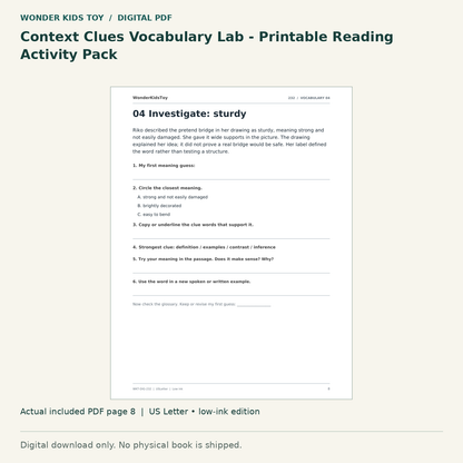 Context Clues Vocabulary Lab - Printable Reading Activity Pack: actual included PDF page 8, US Letter low-ink edition. Digital download; no physical book.