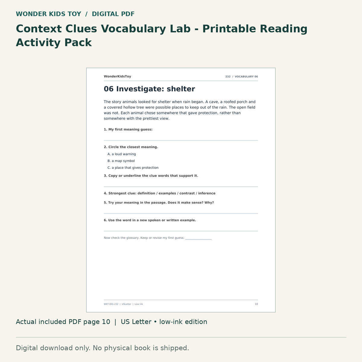 Context Clues Vocabulary Lab - Printable Reading Activity Pack: actual included PDF page 10, US Letter low-ink edition. Digital download; no physical book.