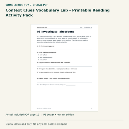 Context Clues Vocabulary Lab - Printable Reading Activity Pack: actual included PDF page 12, US Letter low-ink edition. Digital download; no physical book.