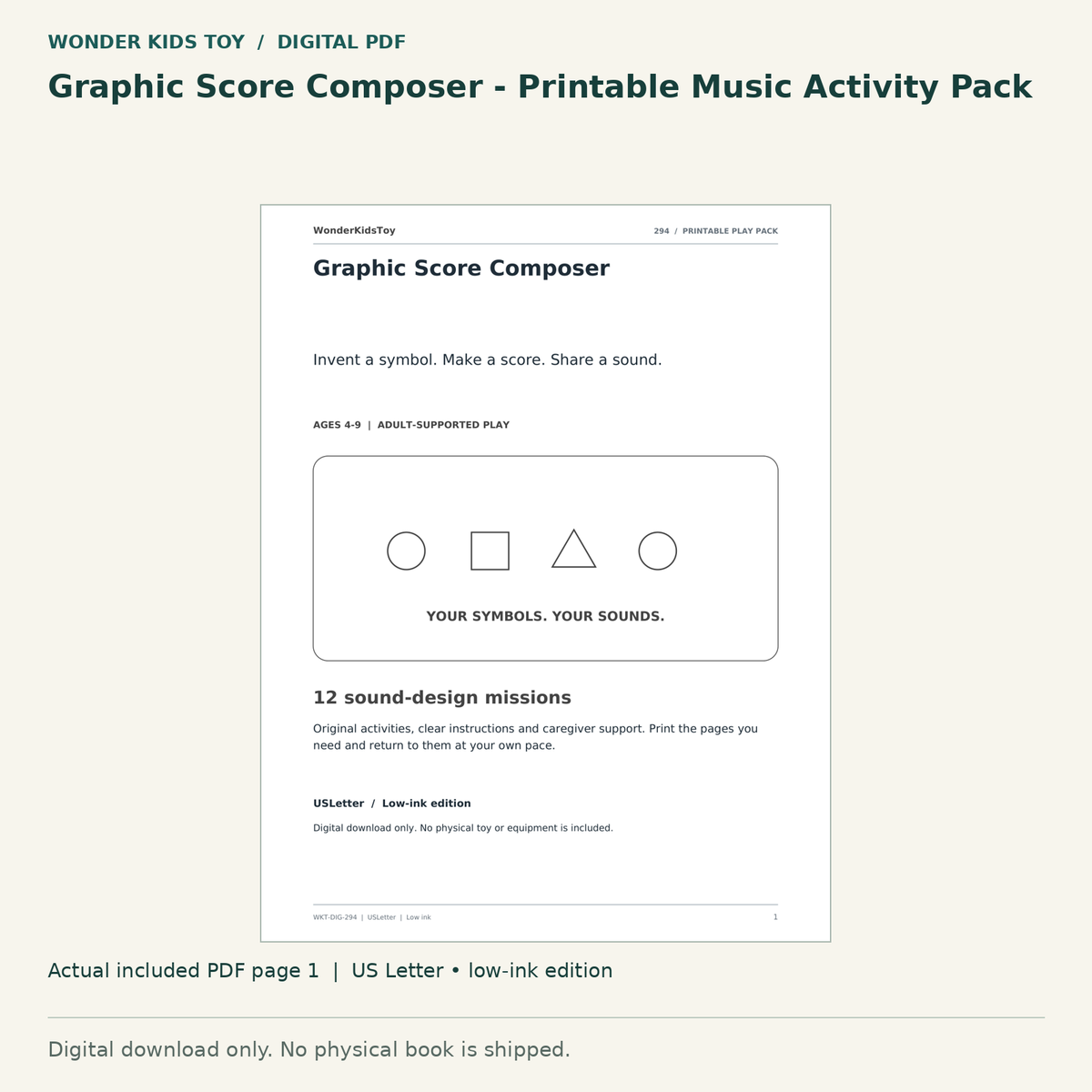 Graphic Score Composer - Printable Music Activity Pack: actual included PDF page 1, US Letter low-ink edition. Digital download; no physical book.