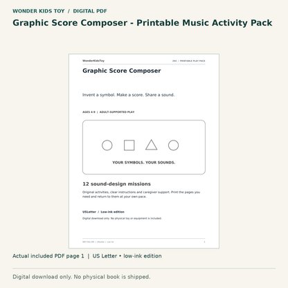 Graphic Score Composer - Printable Music Activity Pack: actual included PDF page 1, US Letter low-ink edition. Digital download; no physical book.