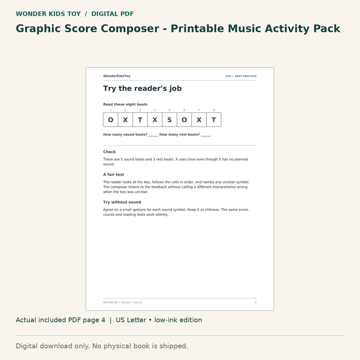 Graphic Score Composer - Printable Music Activity Pack: actual included PDF page 4, US Letter low-ink edition. Digital download; no physical book.