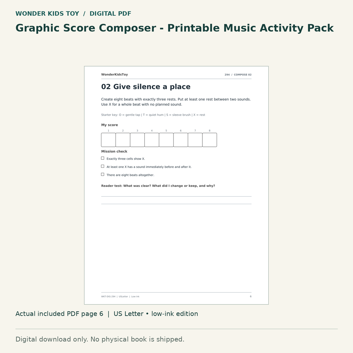 Graphic Score Composer - Printable Music Activity Pack: actual included PDF page 6, US Letter low-ink edition. Digital download; no physical book.