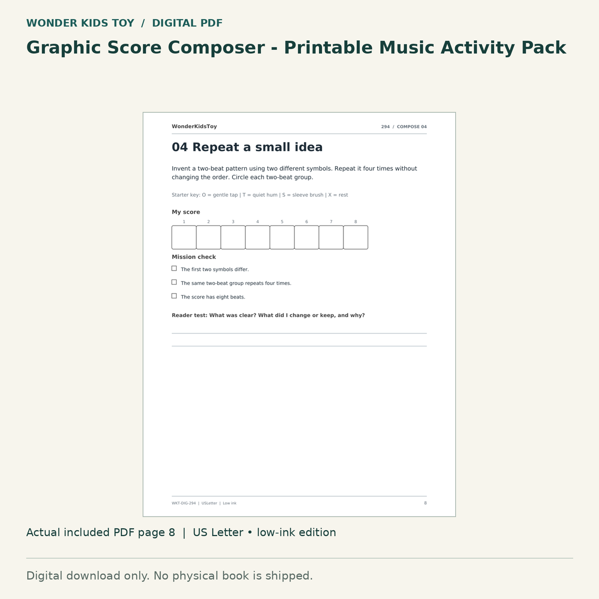 Graphic Score Composer - Printable Music Activity Pack: actual included PDF page 8, US Letter low-ink edition. Digital download; no physical book.