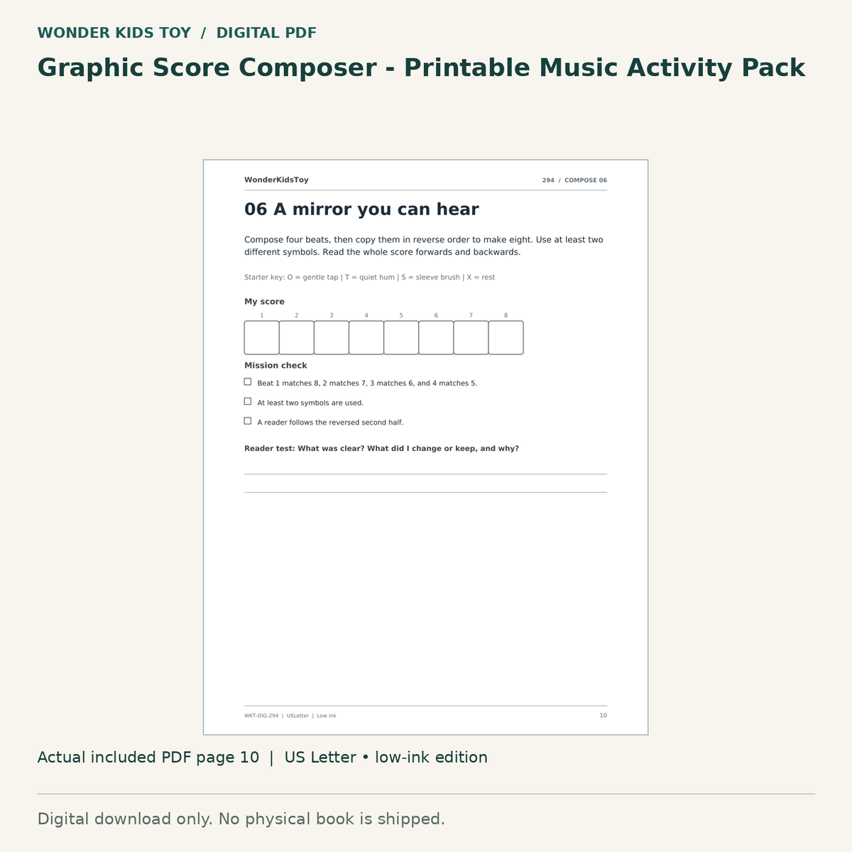 Graphic Score Composer - Printable Music Activity Pack: actual included PDF page 10, US Letter low-ink edition. Digital download; no physical book.