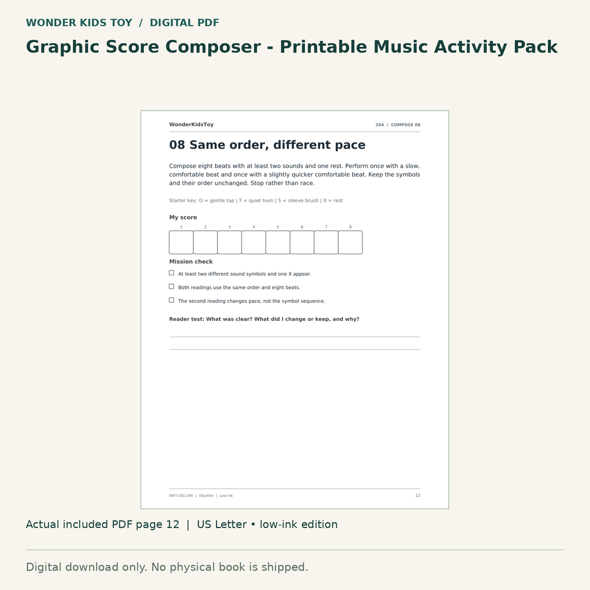 Graphic Score Composer - Printable Music Activity Pack: actual included PDF page 12, US Letter low-ink edition. Digital download; no physical book.