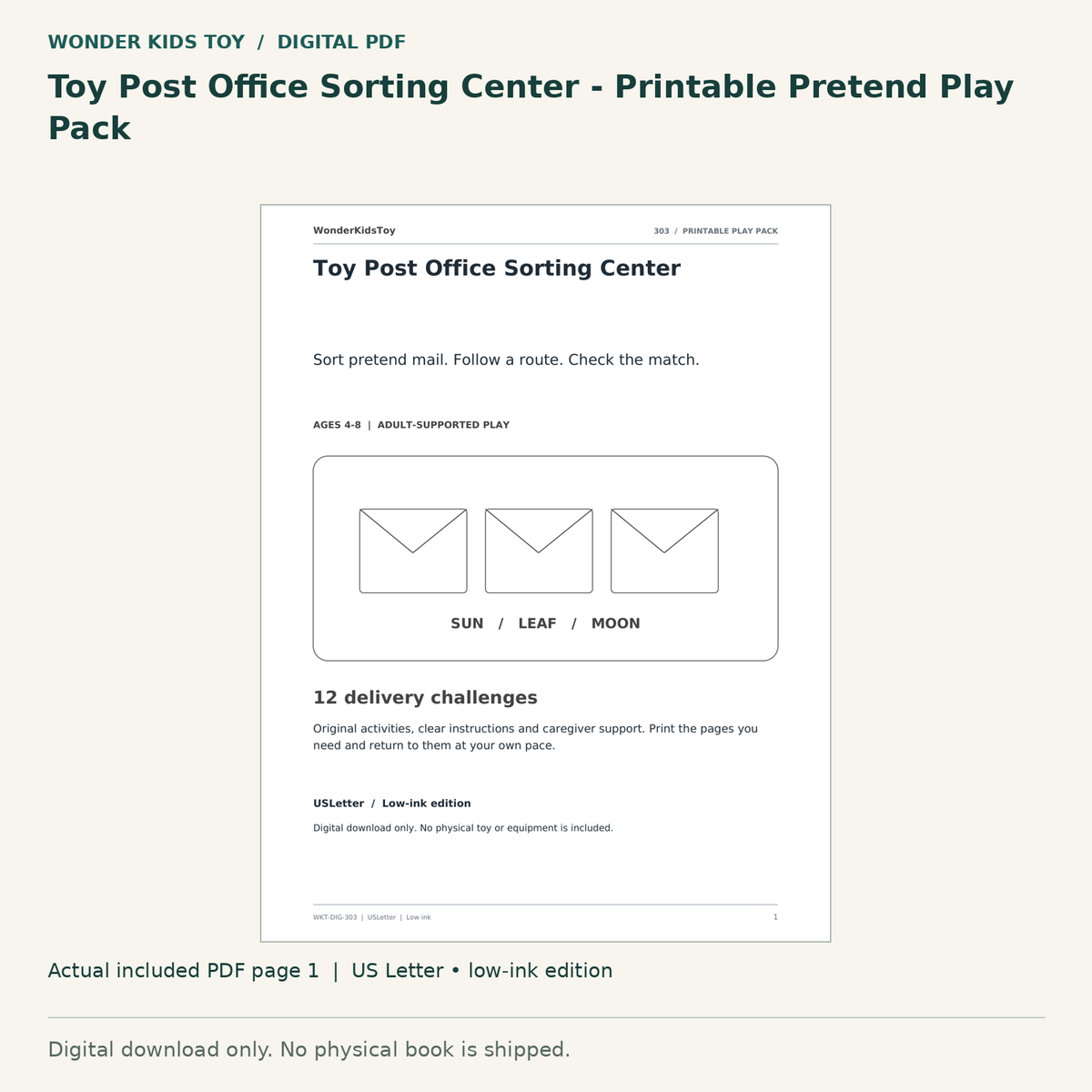 Toy Post Office Sorting Center - Printable Pretend Play Pack: actual included PDF page 1, US Letter low-ink edition. Digital download; no physical book.
