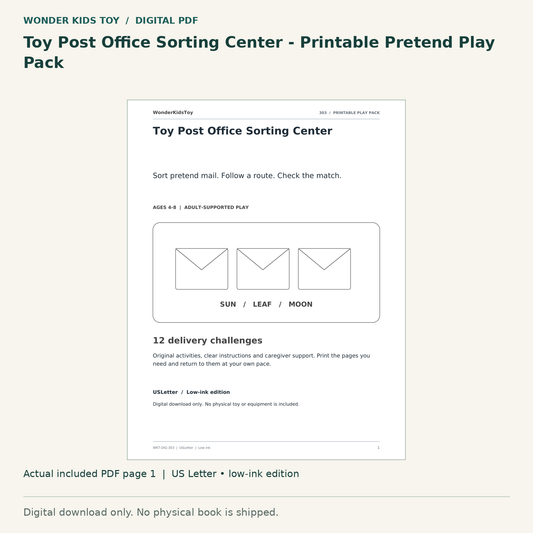 Toy Post Office Sorting Center - Printable Pretend Play Pack: actual included PDF page 1, US Letter low-ink edition. Digital download; no physical book.