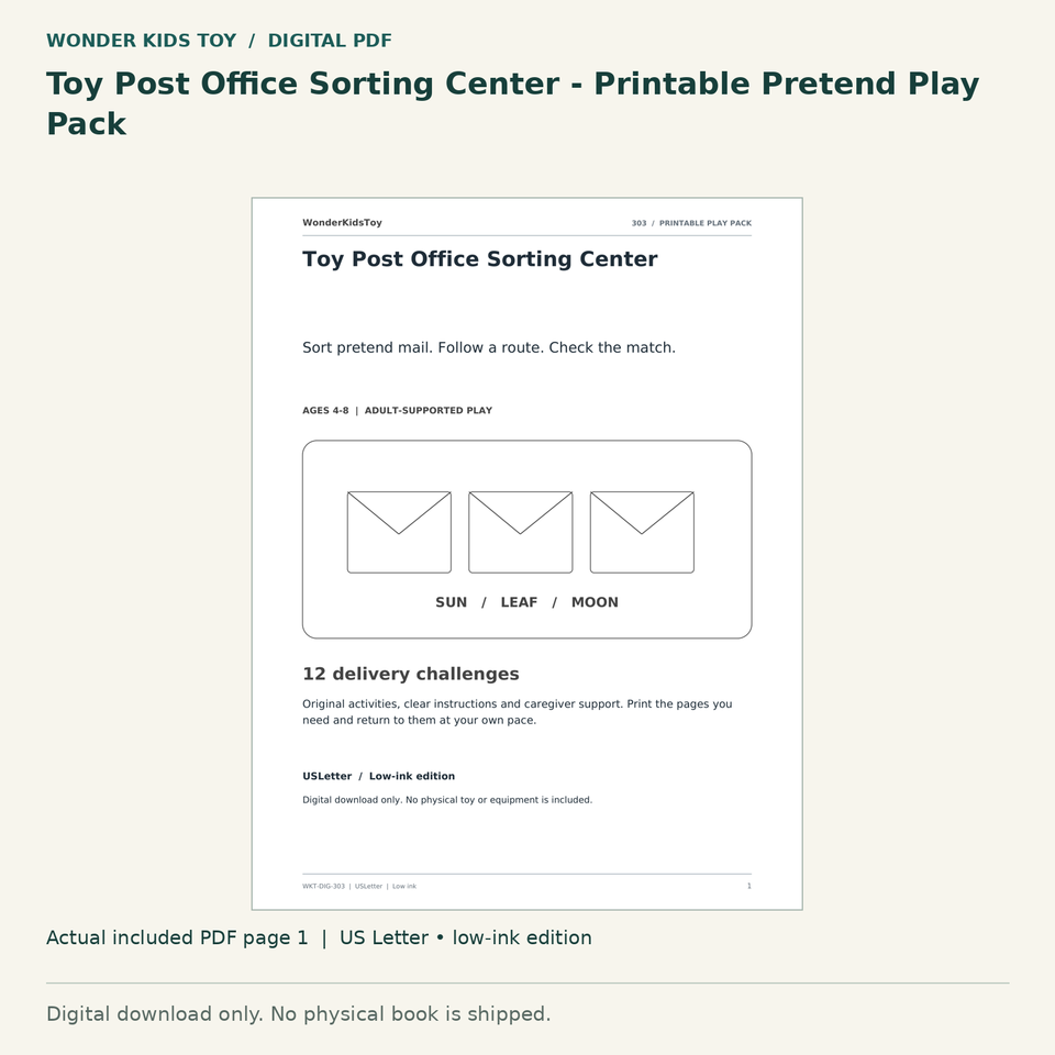 Toy Post Office Sorting Center - Printable Pretend Play Pack: actual included PDF page 1, US Letter low-ink edition. Digital download; no physical book.