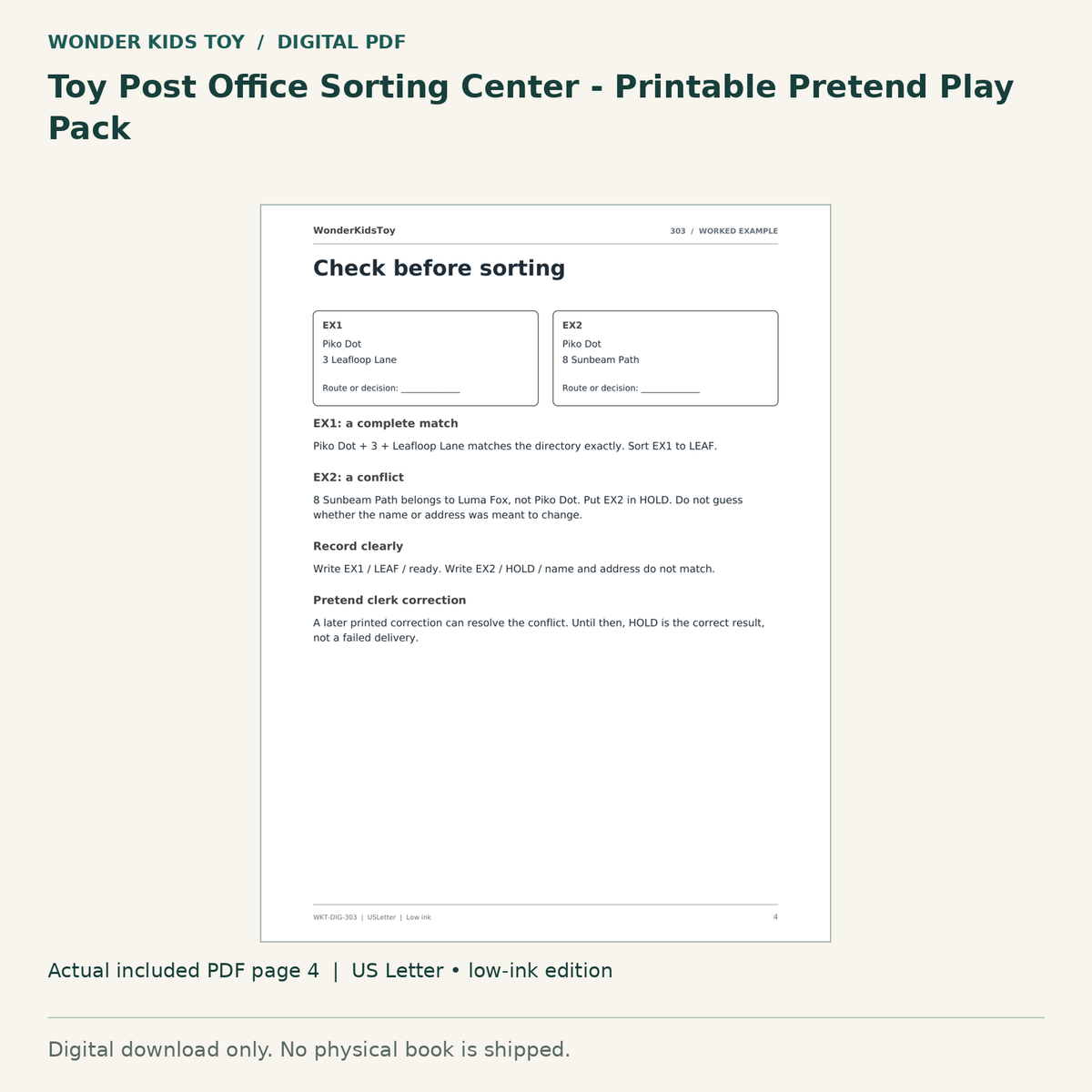 Toy Post Office Sorting Center - Printable Pretend Play Pack: actual included PDF page 4, US Letter low-ink edition. Digital download; no physical book.