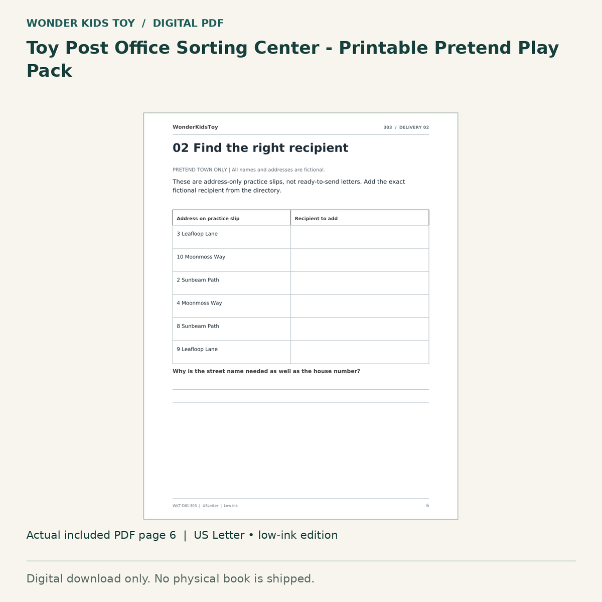 Toy Post Office Sorting Center - Printable Pretend Play Pack: actual included PDF page 6, US Letter low-ink edition. Digital download; no physical book.