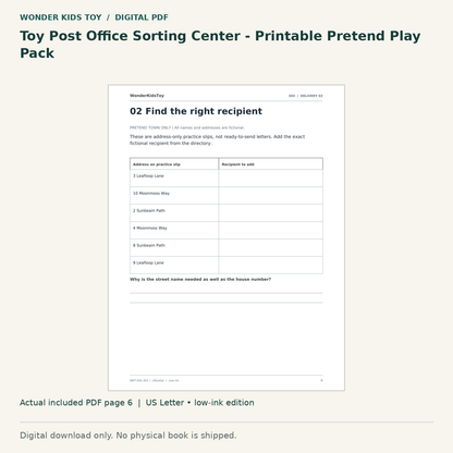 Toy Post Office Sorting Center - Printable Pretend Play Pack: actual included PDF page 6, US Letter low-ink edition. Digital download; no physical book.