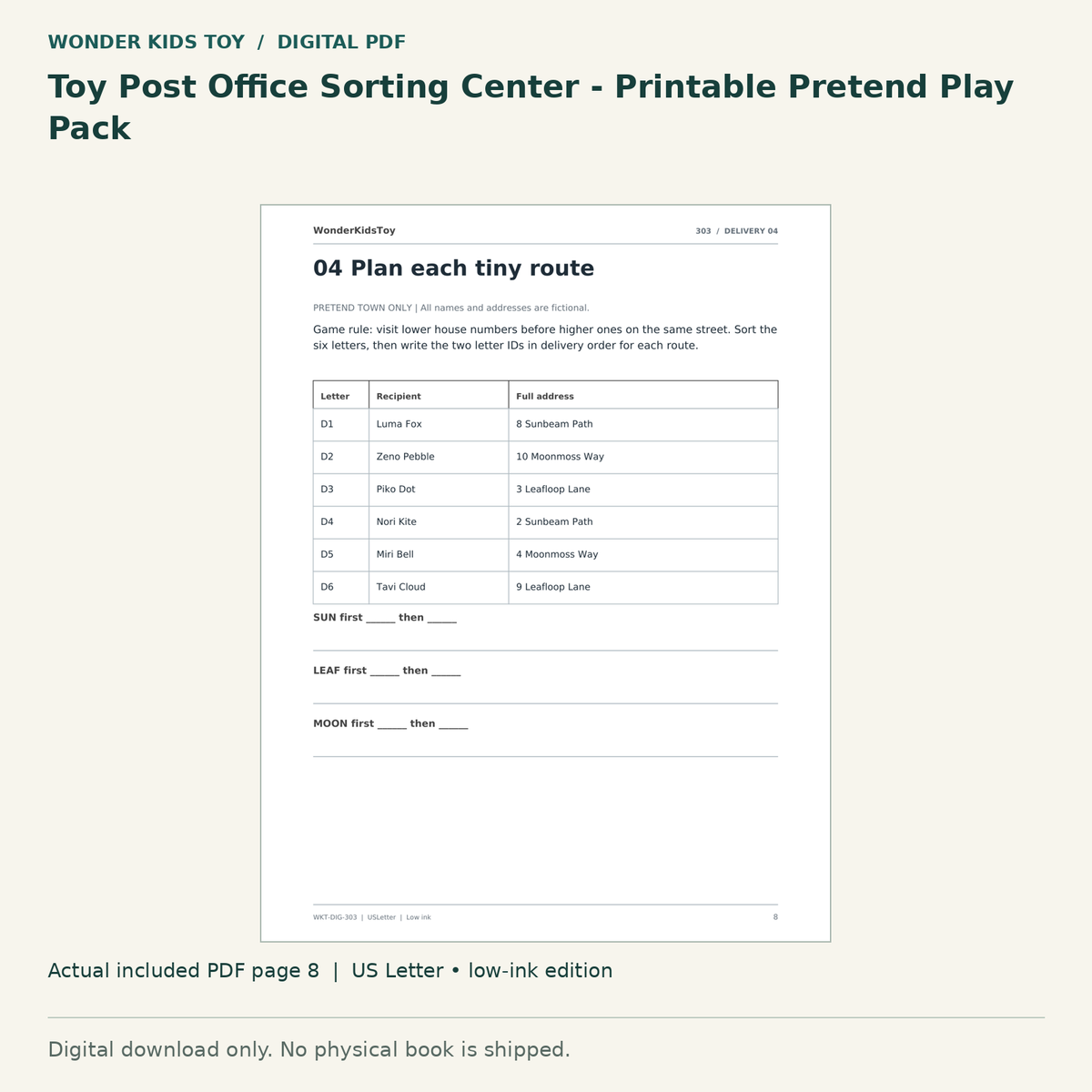 Toy Post Office Sorting Center - Printable Pretend Play Pack: actual included PDF page 8, US Letter low-ink edition. Digital download; no physical book.
